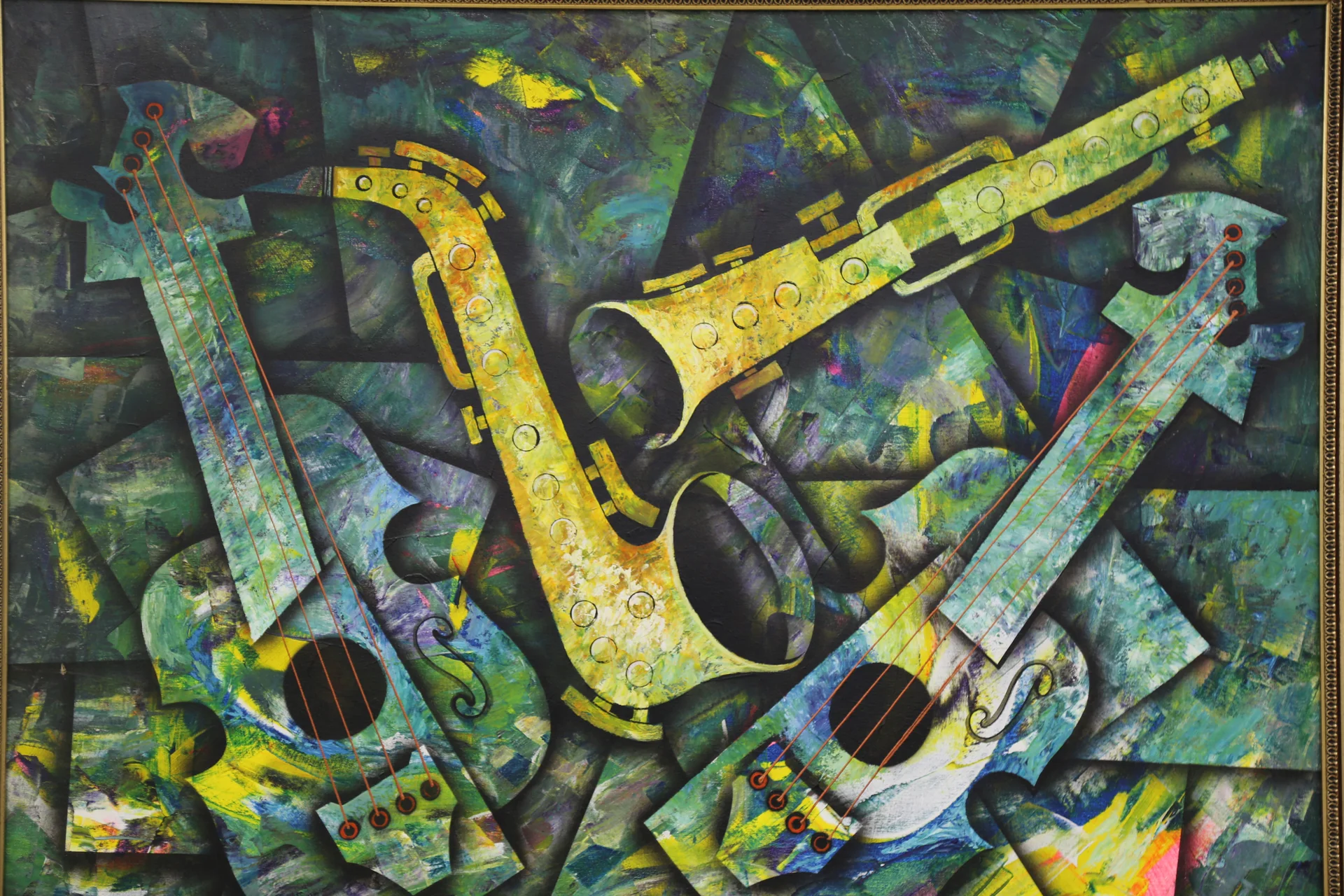 Pintura titulada Flauta, Saxofón Y Guitarra